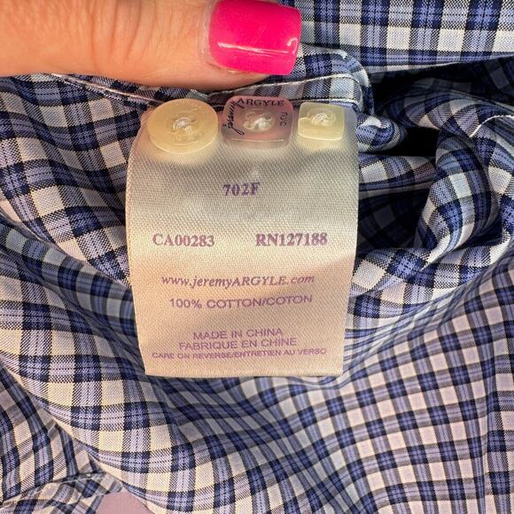Jeremy Argyle NYC Men's sz Large Blue Plaid Button Down Shrt Long Sleeve Cotton - Picture 7 of 11